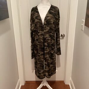 Camo Army Green Open Front Duster Cardigan with 2 Side Pockets
